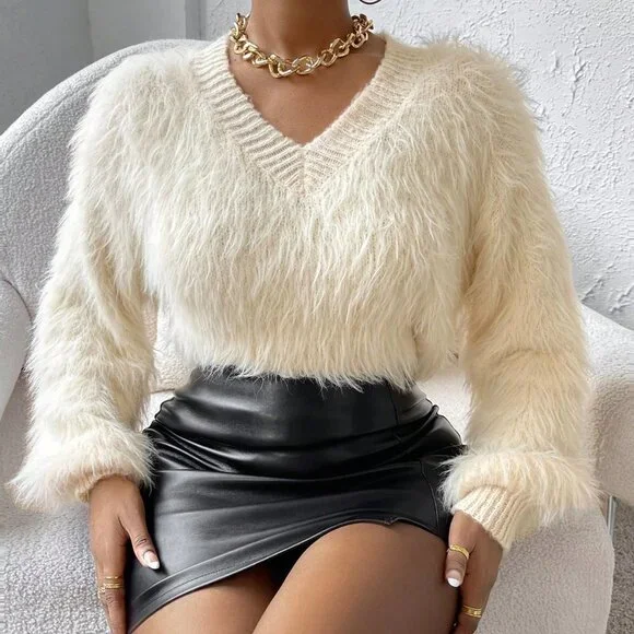 White Preppy womens Solid V Neck Fuzzy Knit Sweater - Picture 6 of 6